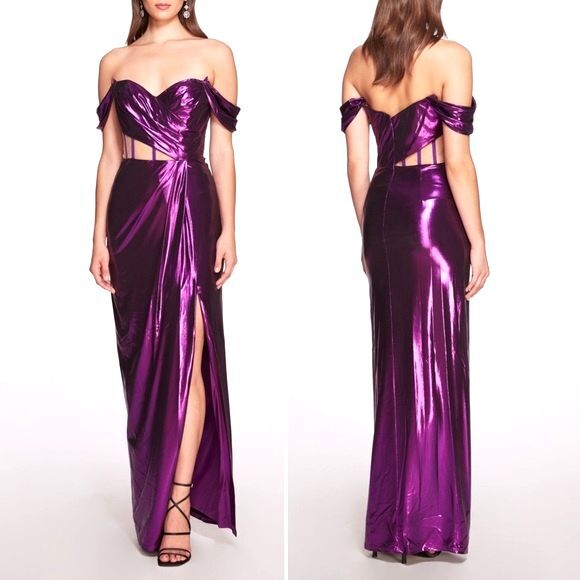 NWT Marchesa Off Shoulder Amethyst Lamé Gown Maxi With Draped Bodice Size 16 NEW - Picture 1 of 16